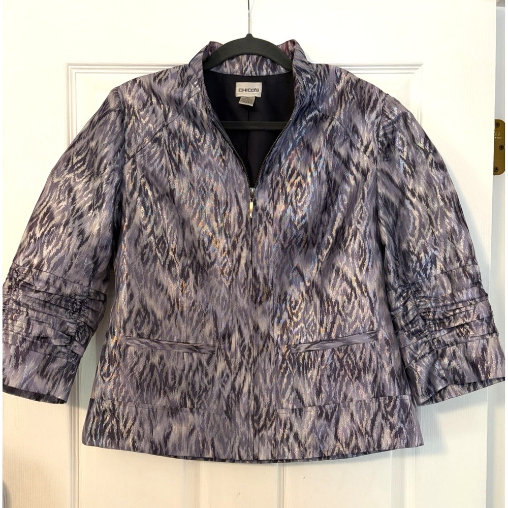 Chico's Zip Jacket 0 Purple Metallic, Animal Print, Shimmer, Business, Glam